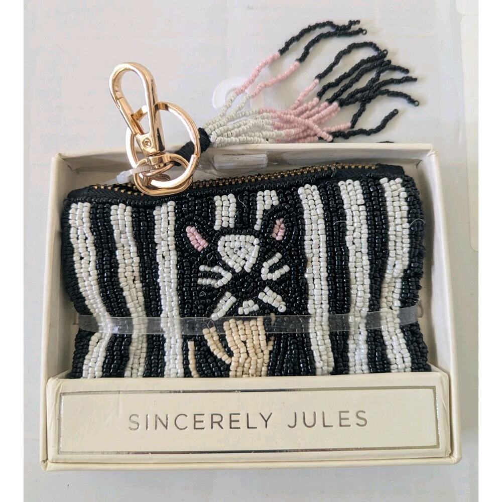 Sincerely Jules bead Beaded Striped Cat Pouch Wallet Black White Pink Tassel New